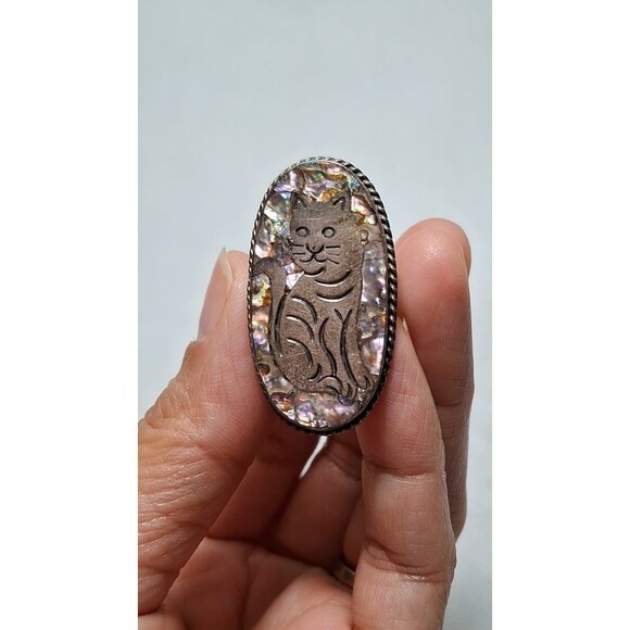Vintage 925 Sterling Silver Abalone Shell Cat Ring, Hecho en Mexico, Size 8. - Picture 7 of 9